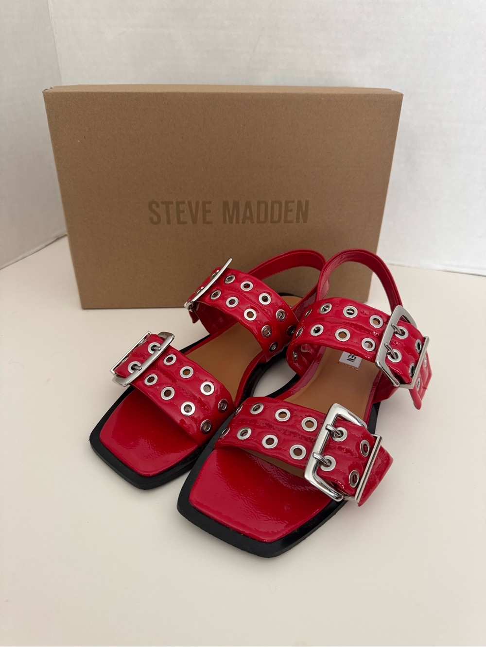 Steve Madden Red Patent Double-Buckle Slingback Sandals with Silver Hardware 7.5